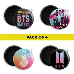 BTS Badges Pack of 4- Round Pin Back Button Badge - Kpop - Set 1